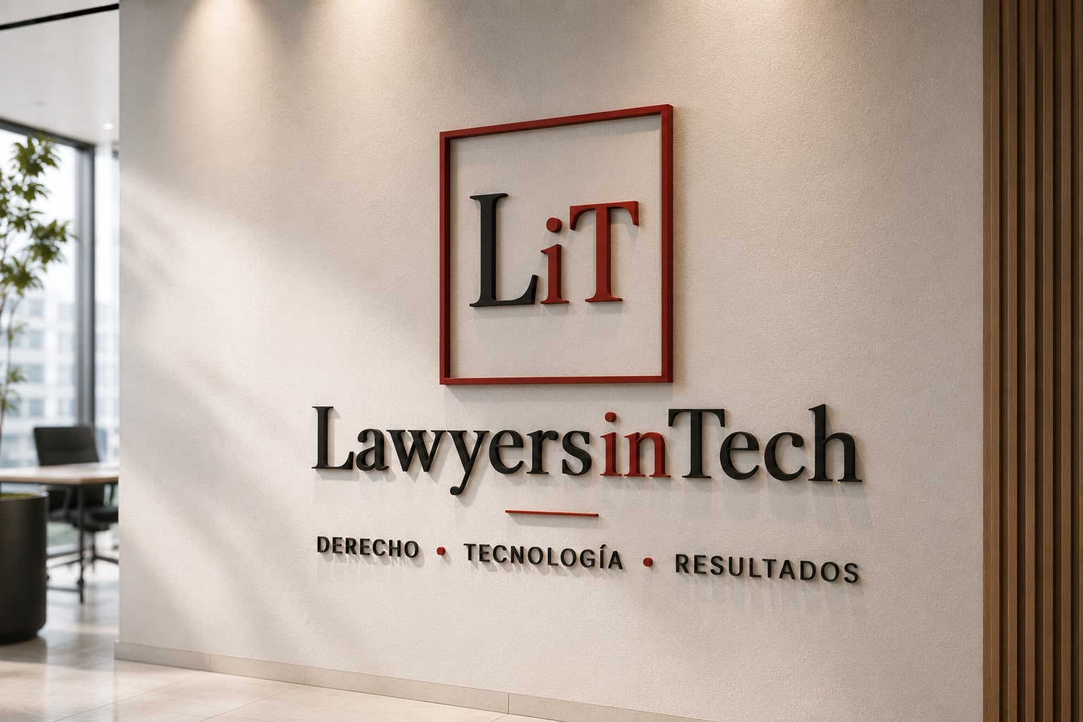 Señalética corporativa LawyersinTech en muro de recepción