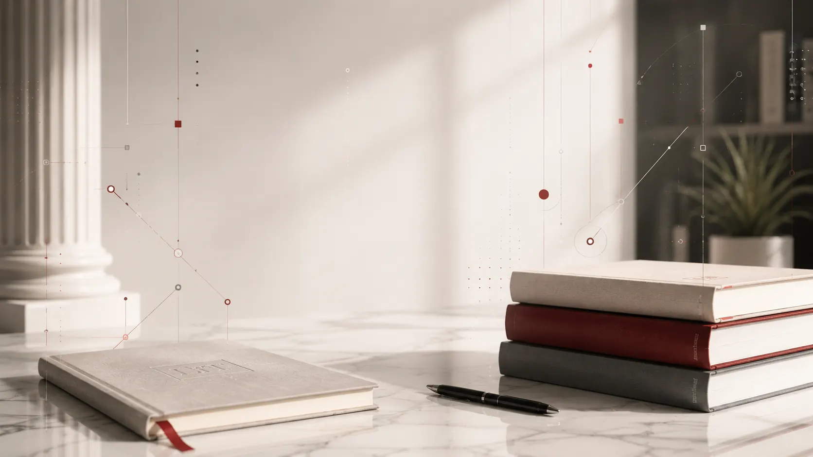Libros y arquitectura jurídica con líneas técnicas de LawyersinTech